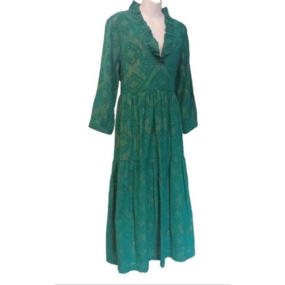 Crown & Ivy Size M Petite Ruffle Neck Tiered Midi Dress Emerald Green Gold Fall - Picture 6 of 13